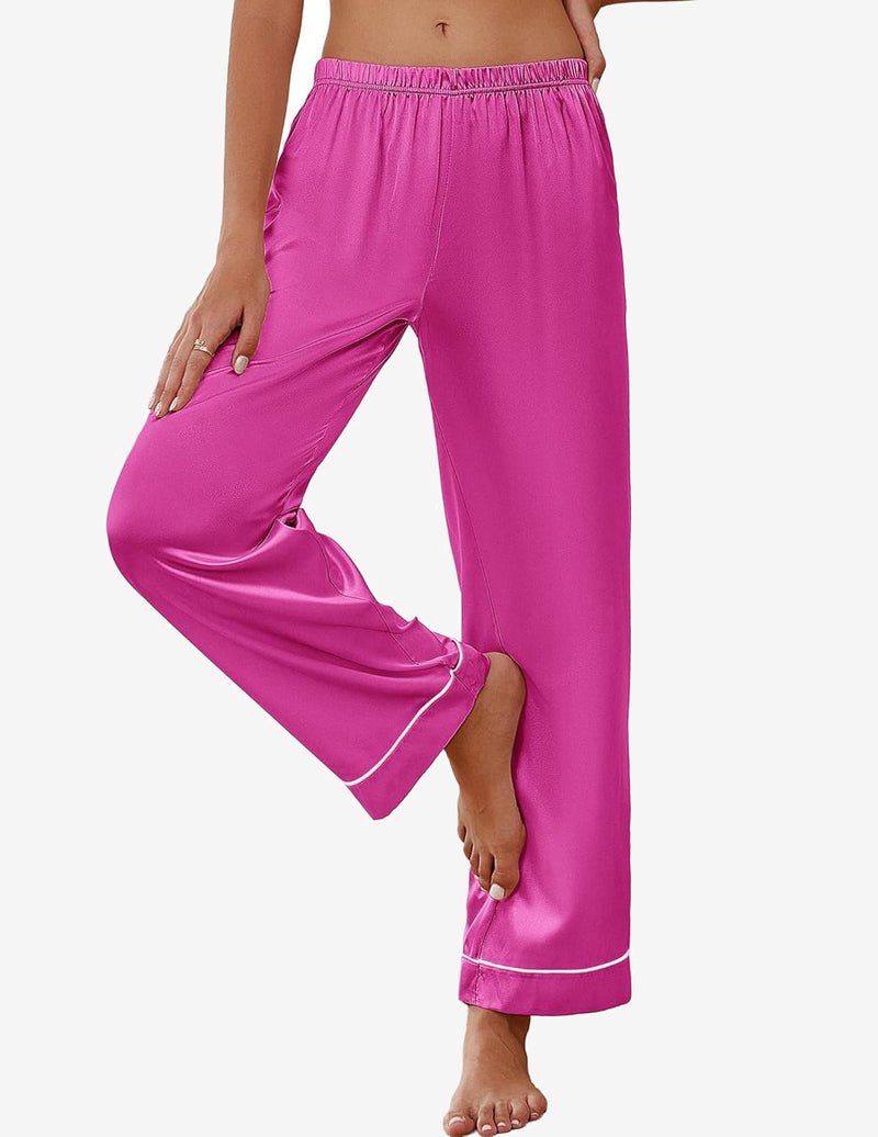 Silk satin pajama pants, bright pink, loose fit with elastic waistband and cuffs
