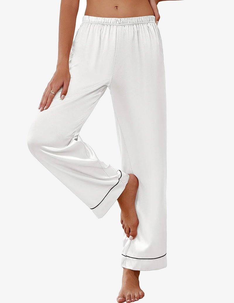 Teddy silk satin pajama pants, white with contrast piping, elastic waistband and cuffed hem