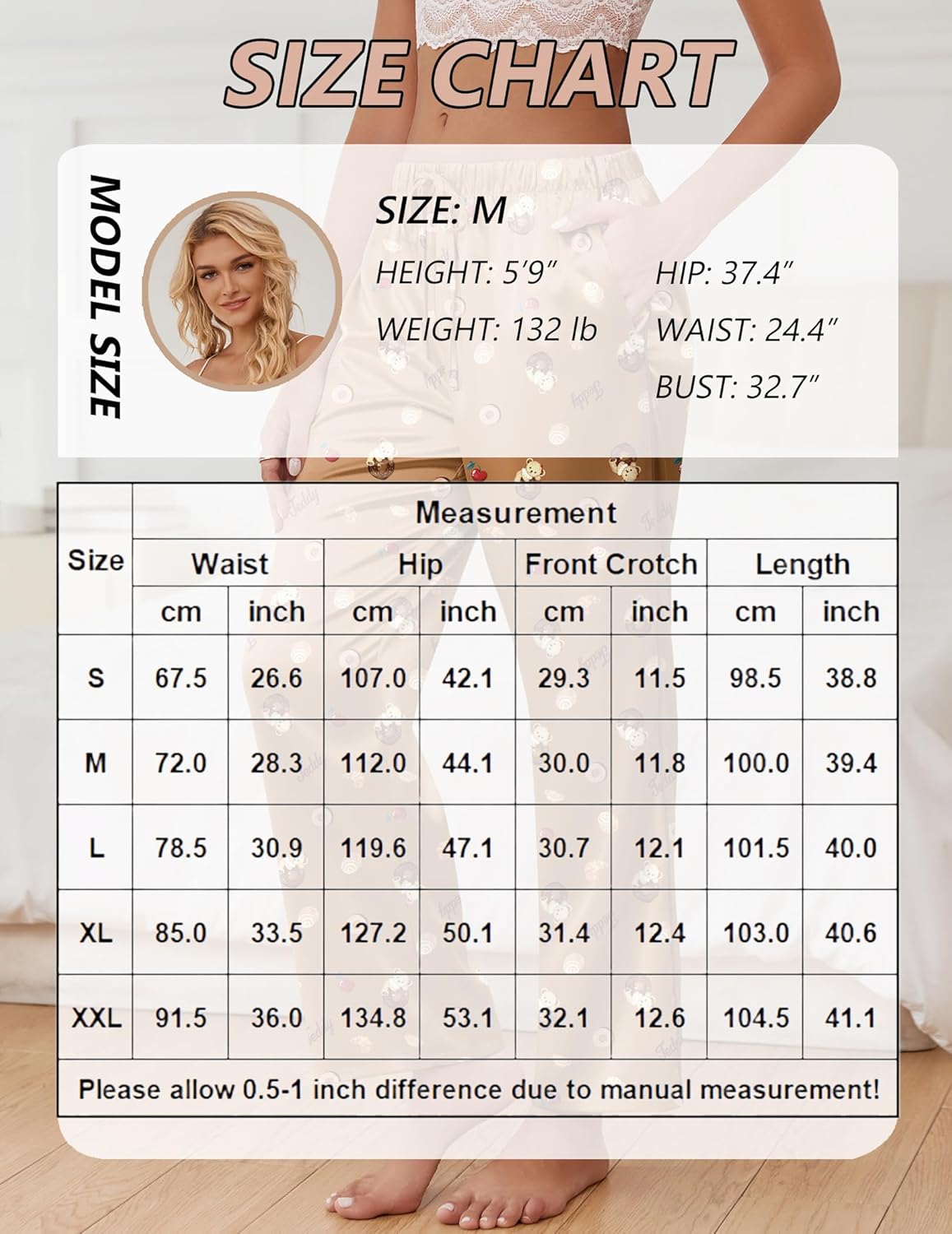 Size chart for satin lounge pants with measurements by size