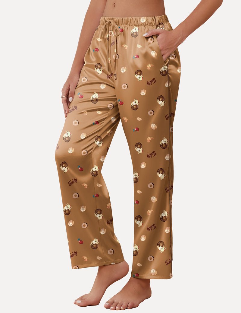 Khaki Teddy satin pajama pants, wide-leg with drawstring waist and teddy print