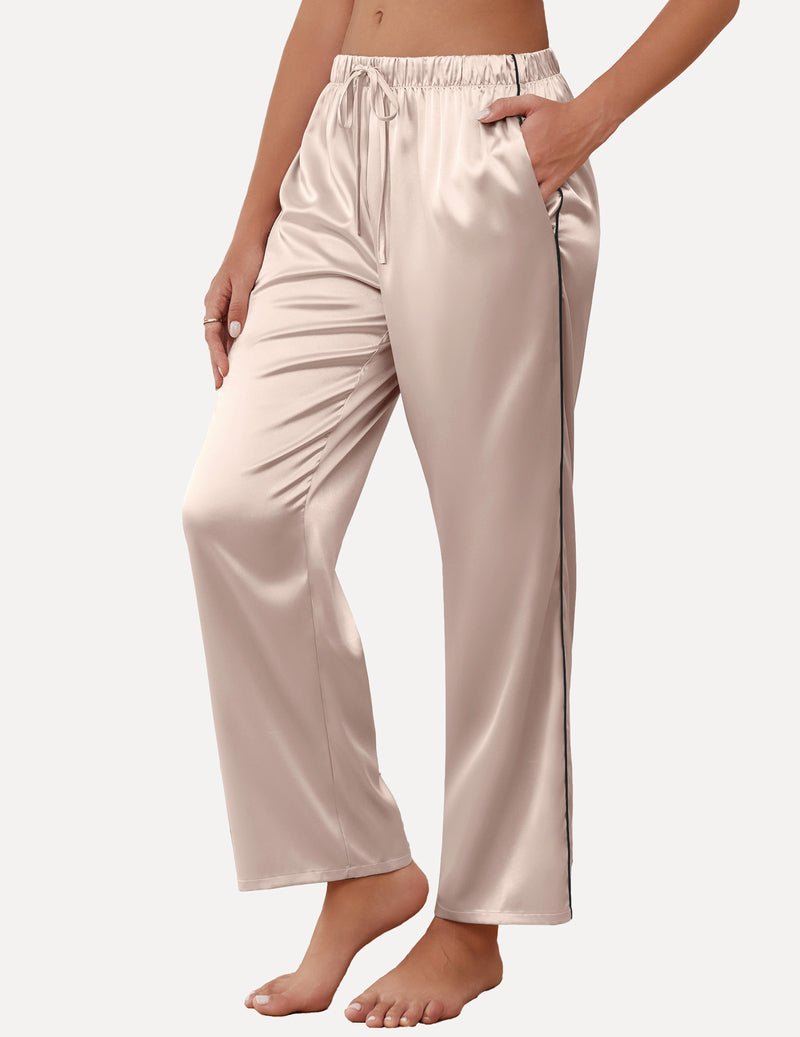 Champagne satin lounge pants with elastic drawstring waist and wide cropped legs