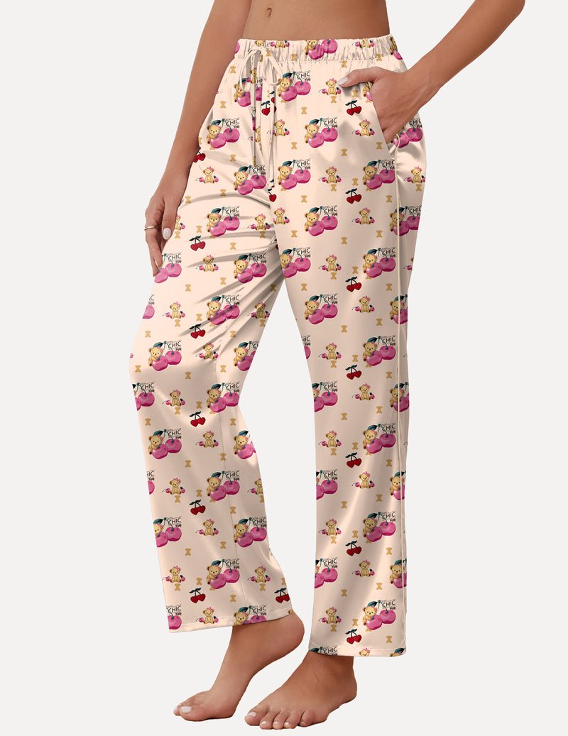 Cream satin lounge pants with pink cherry pattern and drawstring wide cropped legs