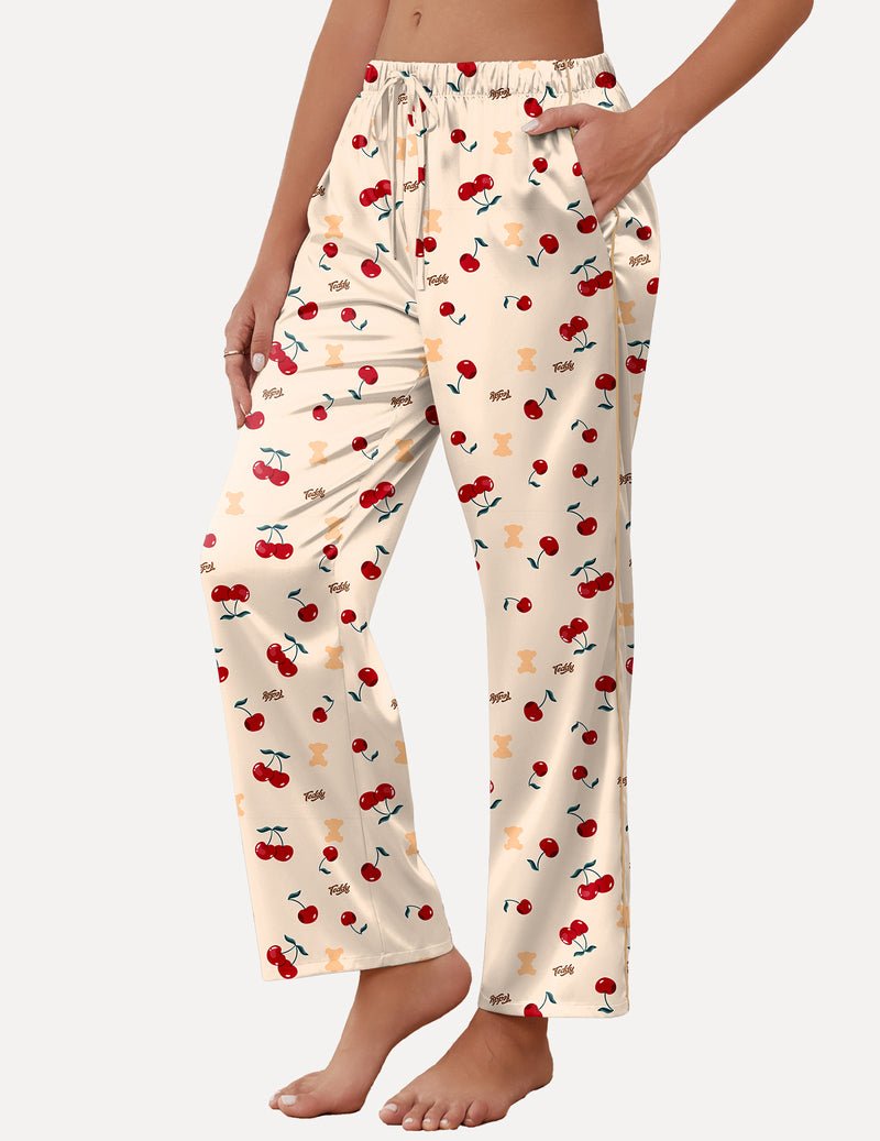 Silk satin wide-leg lounge pants, cream with red cherry print