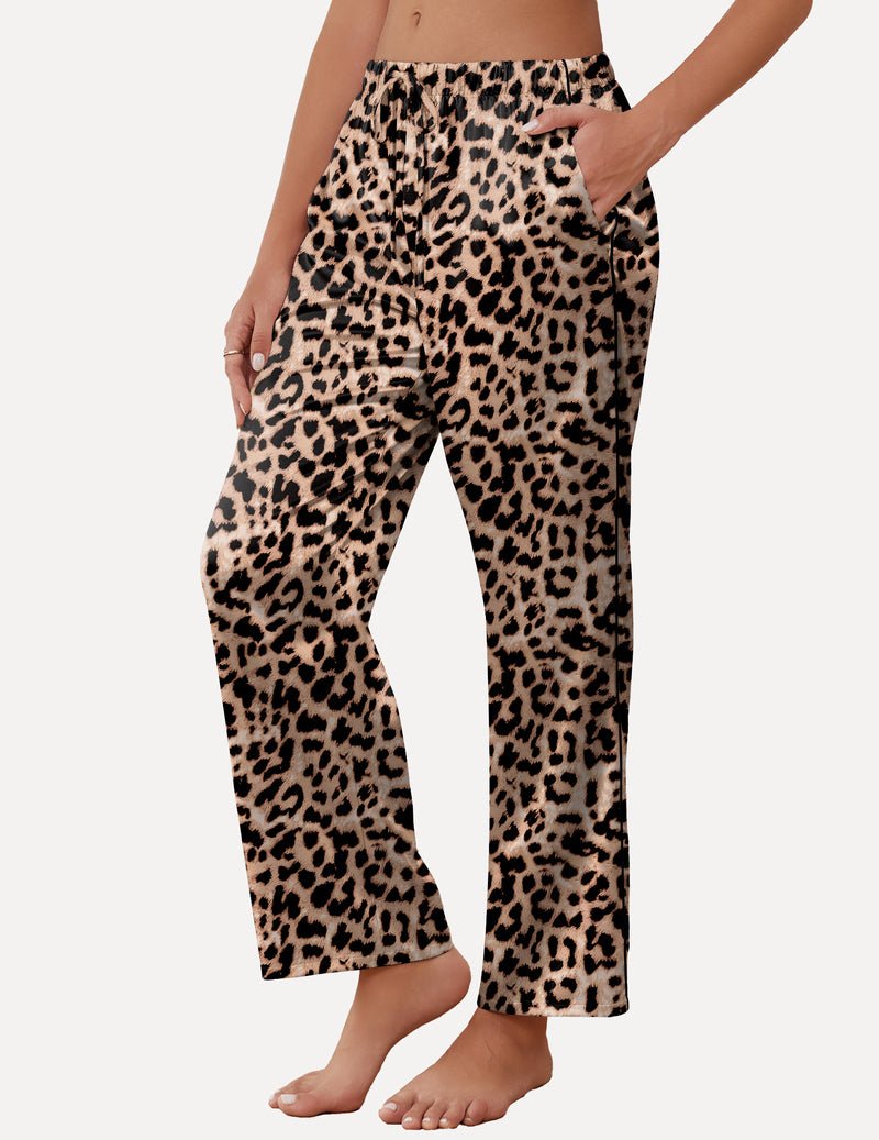 Leopard print satin lounge pants with drawstring waist and wide cropped legs