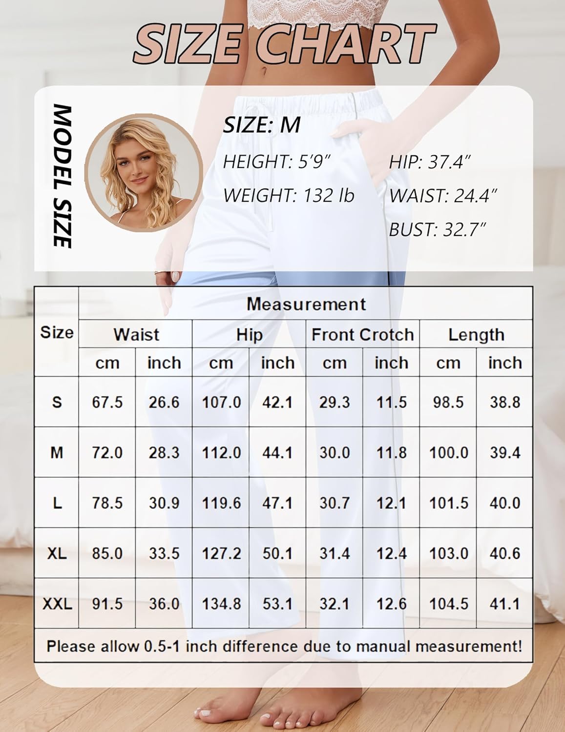 Size chart for satin lounge pants showing waist, hip, and length measurements