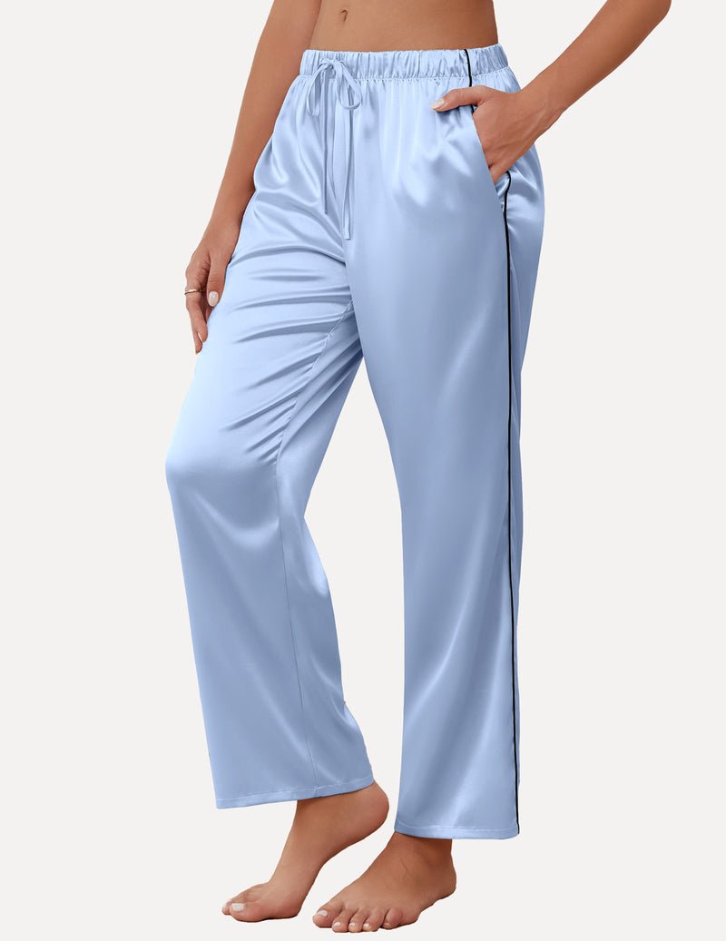Light blue satin lounge pants with elastic drawstring waist and wide cropped legs