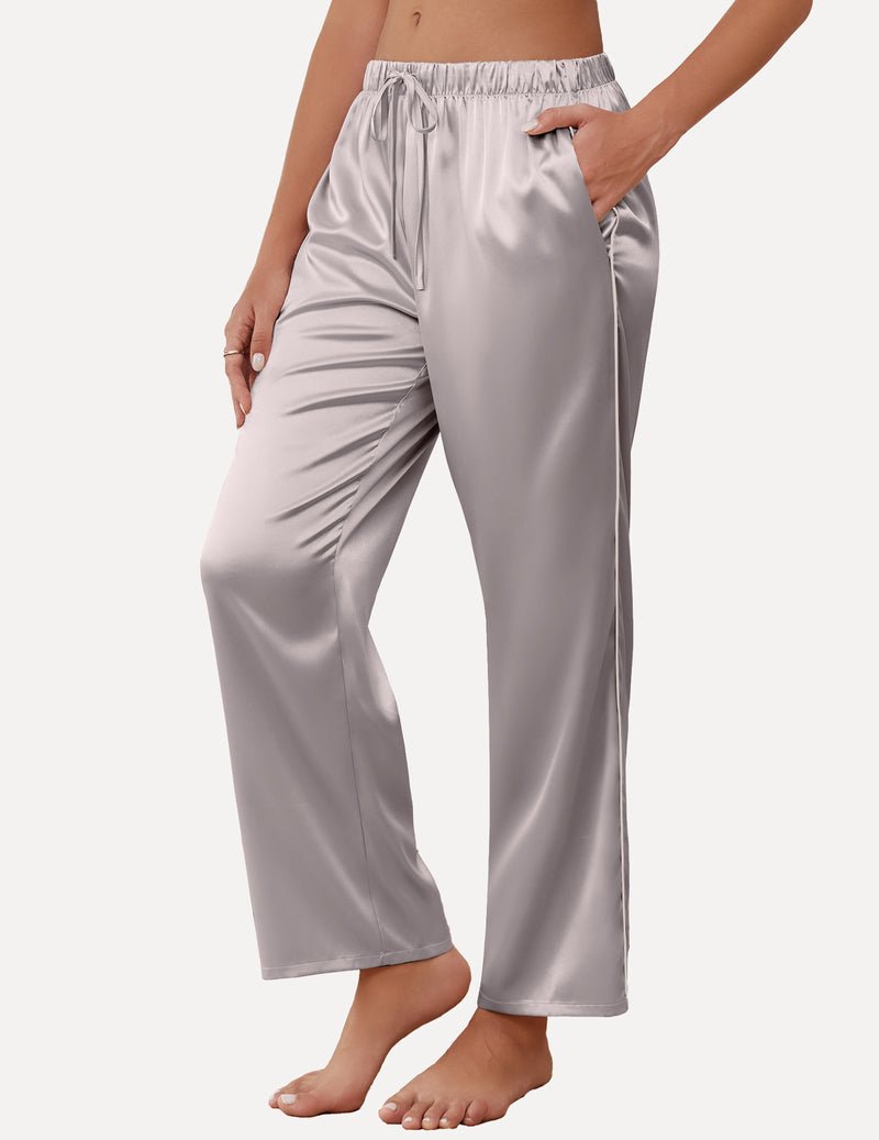 Light gray satin lounge pants with drawstring waist and wide cropped legs