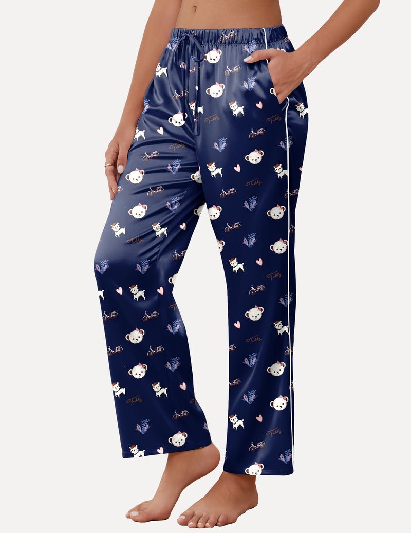 Navy satin lounge pants with white bear print and drawstring wide cropped legs