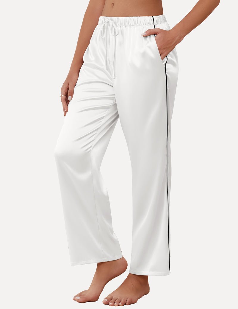 White satin lounge pants with drawstring waist and wide cropped legs