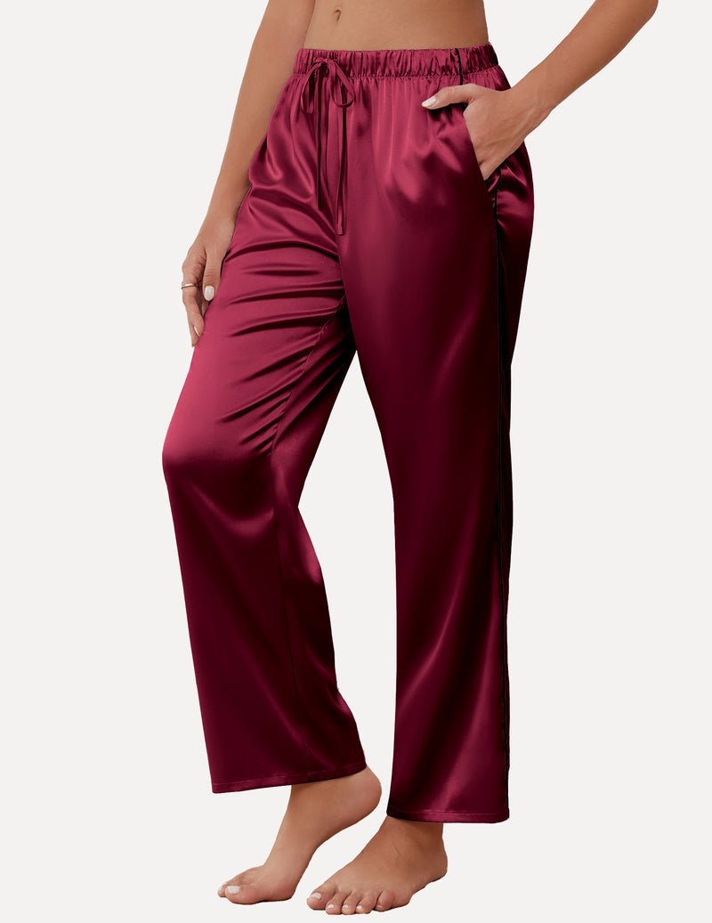 Silk satin wide-leg lounge pants, burgundy with elastic drawstring waist