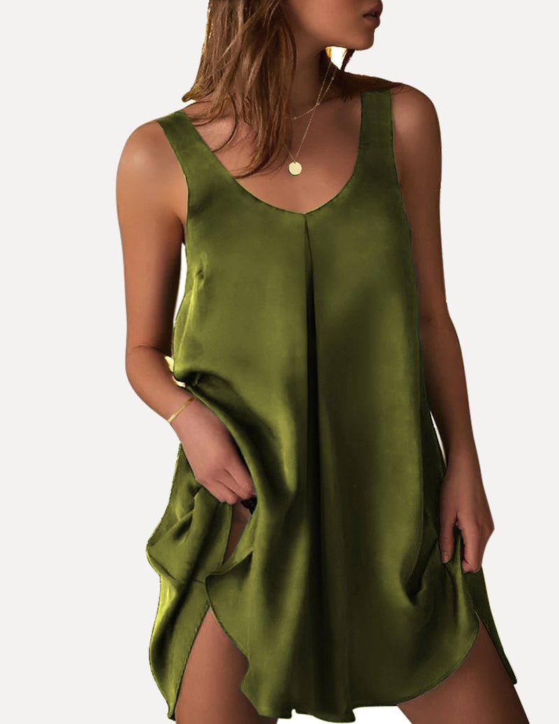 Green satin sleeveless V-neck mini dress with front seam detail and flare skirt