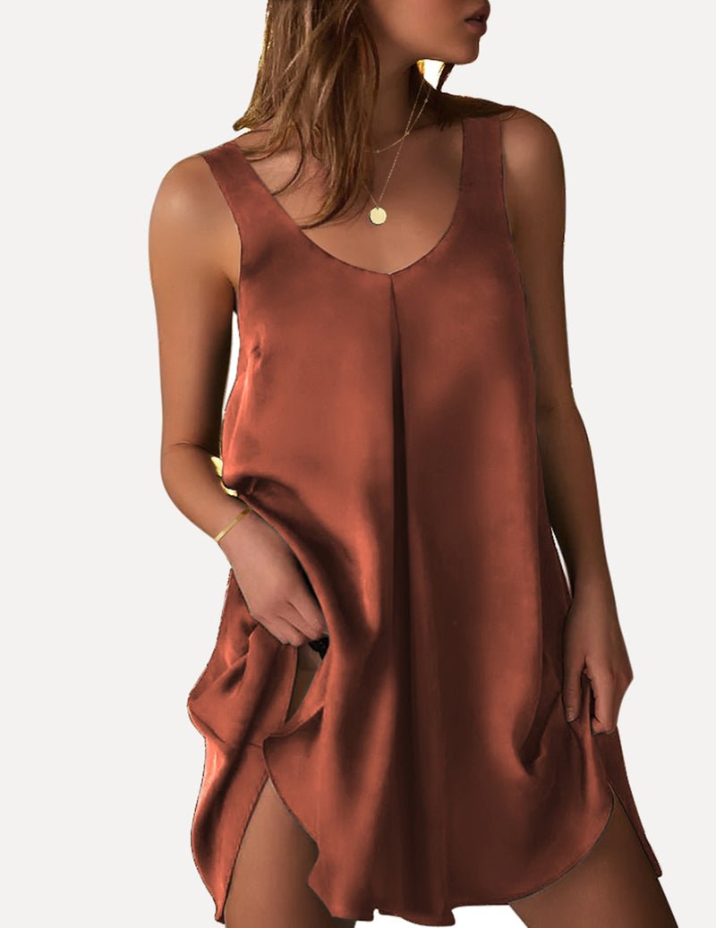 Chocolate satin V-neck sleeveless tunic dress, draped front and knee length