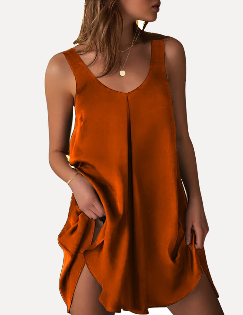 Burnt orange satin V-neck sleeveless dress with side pocket drape