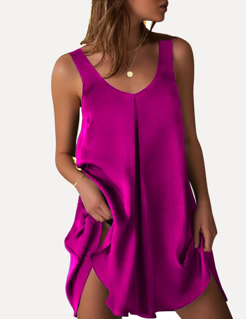 Magenta satin sleeveless V-neck teddy dress with front seam and side slit