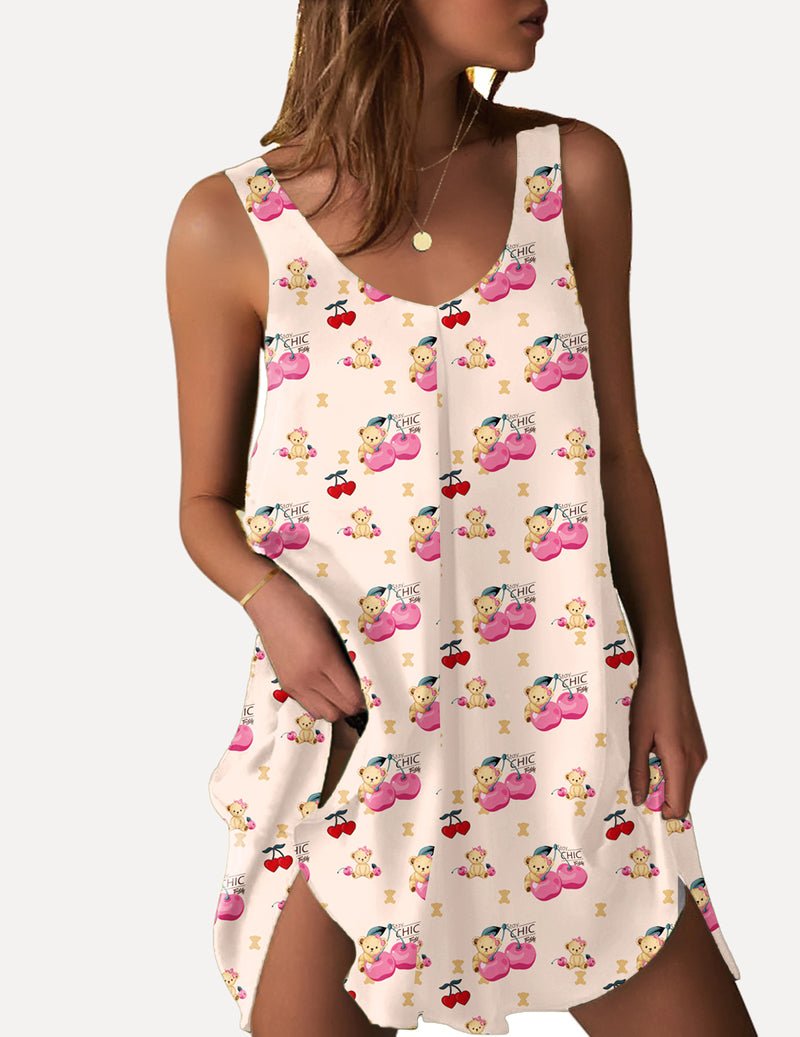 Teddy sleeveless satin V-neck dress, cream teddy print with red bow motifs