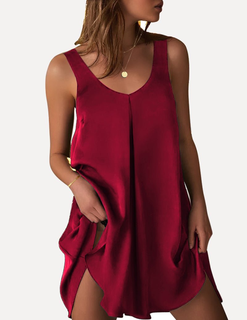 Wine red sleeveless satin V-neck dress with split neckline and side seam detail