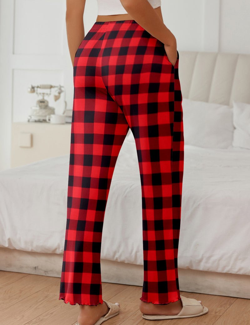 Teddy soft lounge pajama pants, red tartan plaid, relaxed straight-leg style