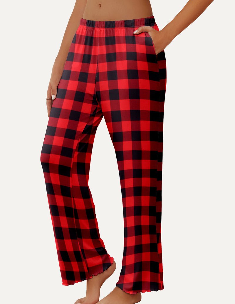 Teddy soft lounge pajama pants, red and black plaid, elastic waist