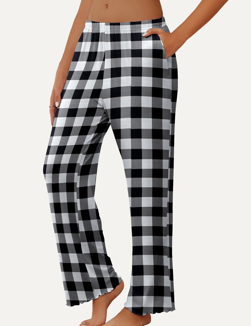 Teddy soft lounge pajama pants, black-and-white plaid, elastic waistband