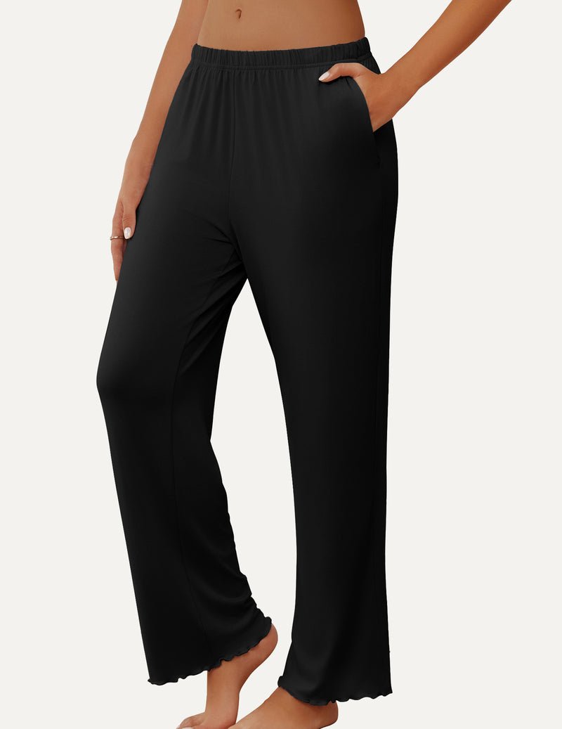 Teddy soft lounge pajama pants, black, elastic waist and wide straight legs