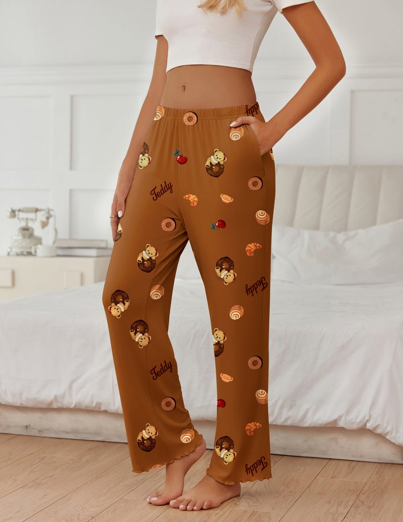 Teddy lounge pajama pants in brown with teddy, cherries and rainbow print