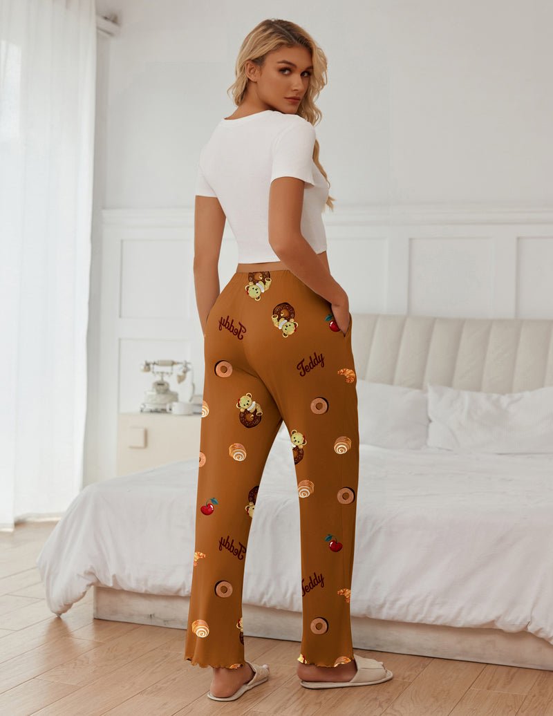 Brown teddy pajama pants with all-over cherries, bears and hearts print, ankle length