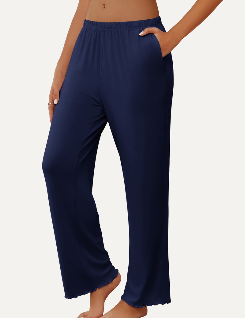Navy blue lounge sleep pants with elastic waist and wide straight fit