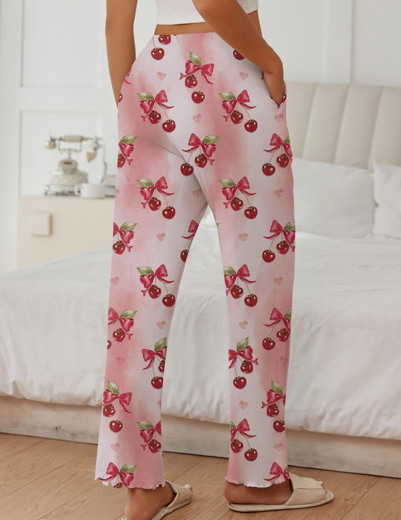 Teddy soft lounge pajama pants, pink cherry pattern, relaxed straight-leg fit