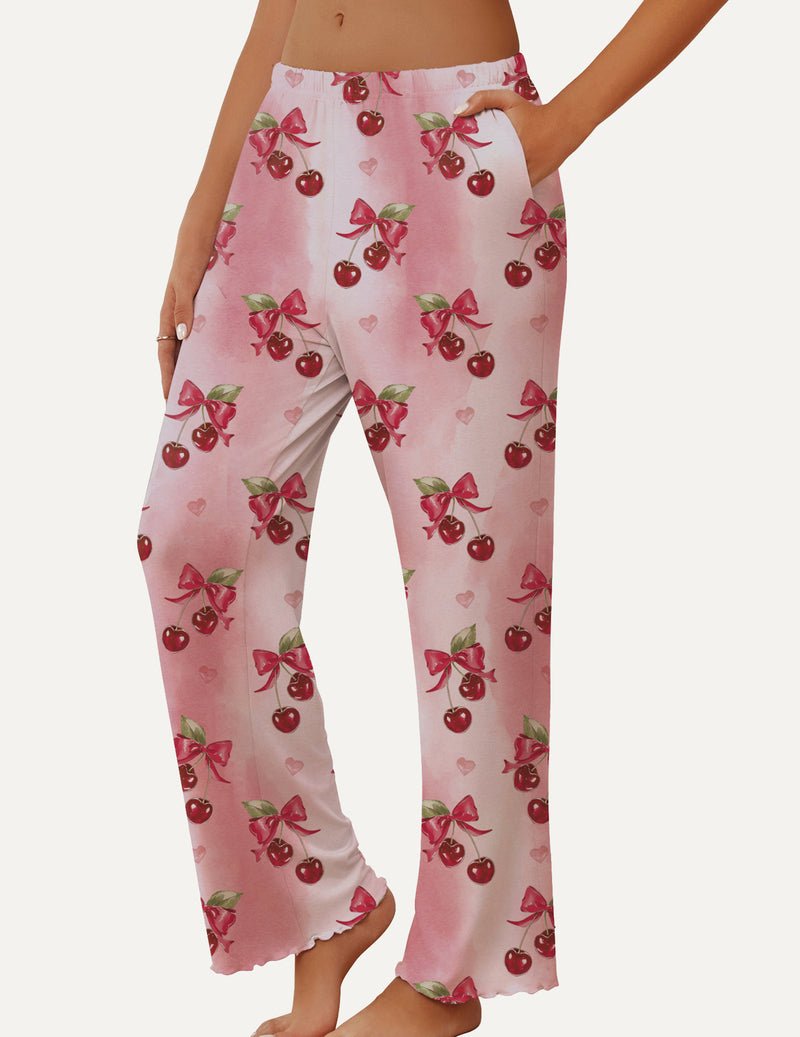 Teddy soft lounge pajama pants, pink cherry print, elastic waist and wide legs