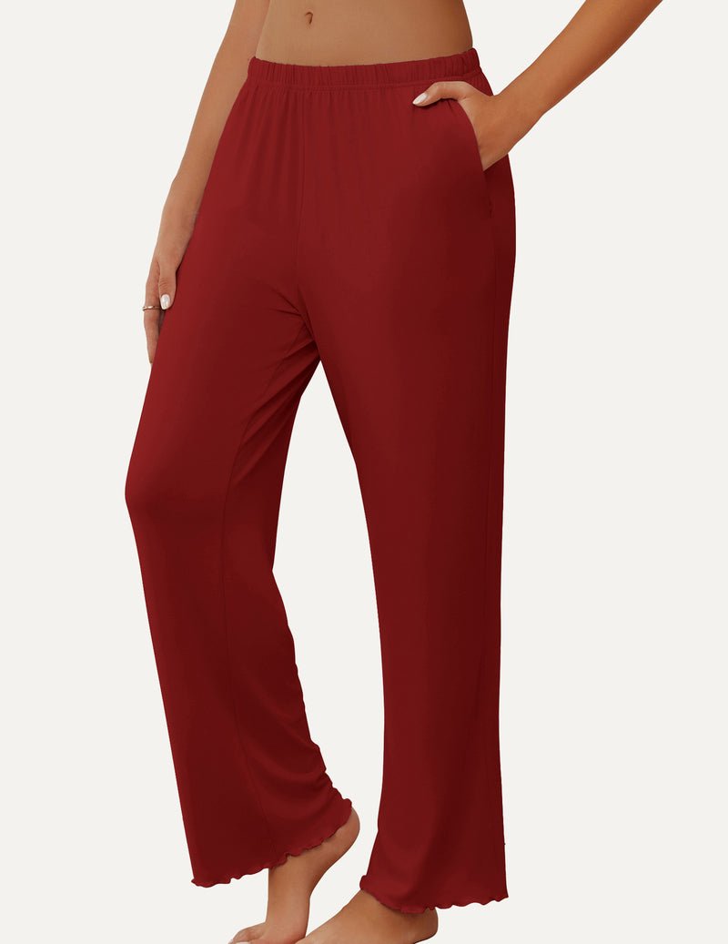 Wine red lounge pajama pants with elastic waist and loose wide legs