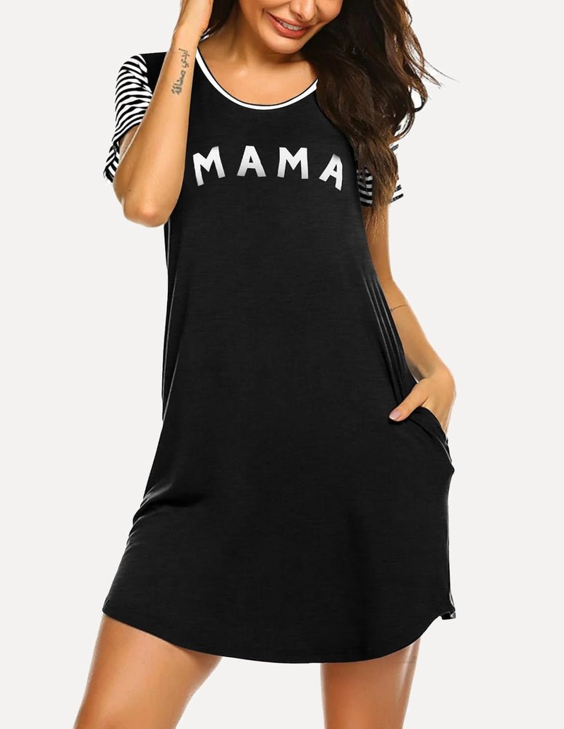 Black nightshirt with “MAMA” print, short sleeves, crew neck, side pockets.