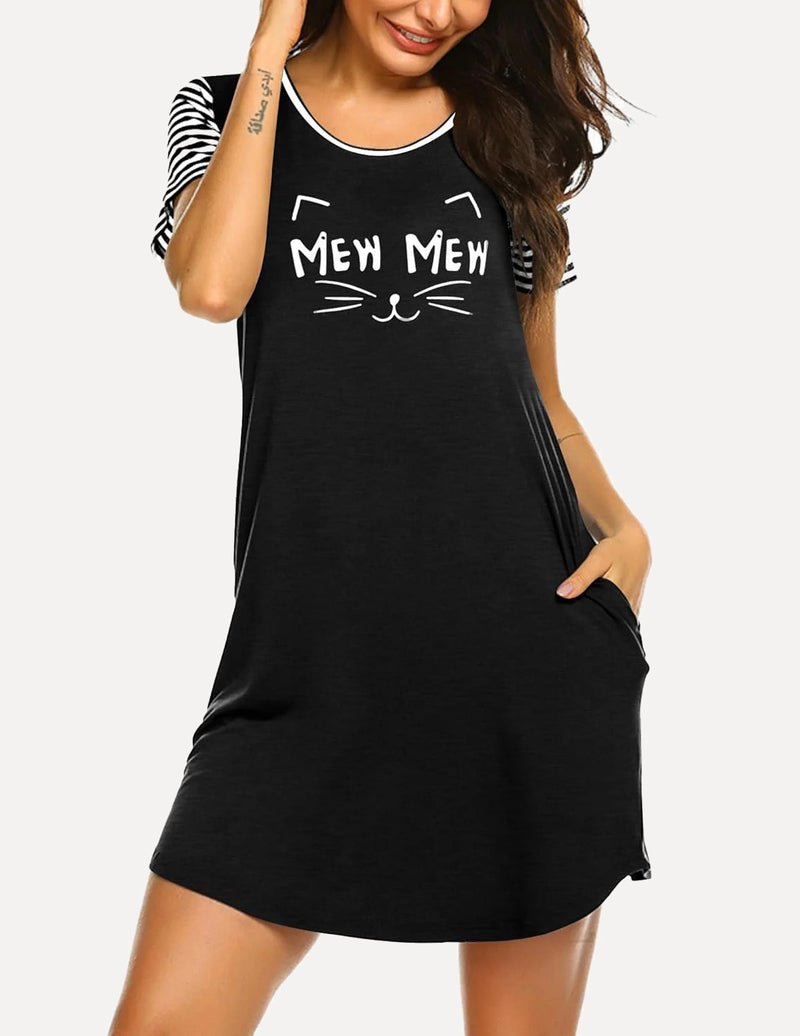 Black teddy nightshirt with striped sleeves, “Mew Mew” cat graphic, side pocket