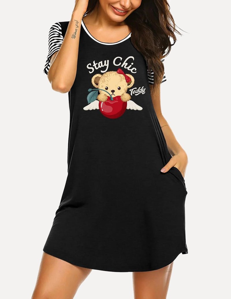 Black teddy nightshirt with striped sleeves, “Stay Chic” bear-heart graphic, side pocket