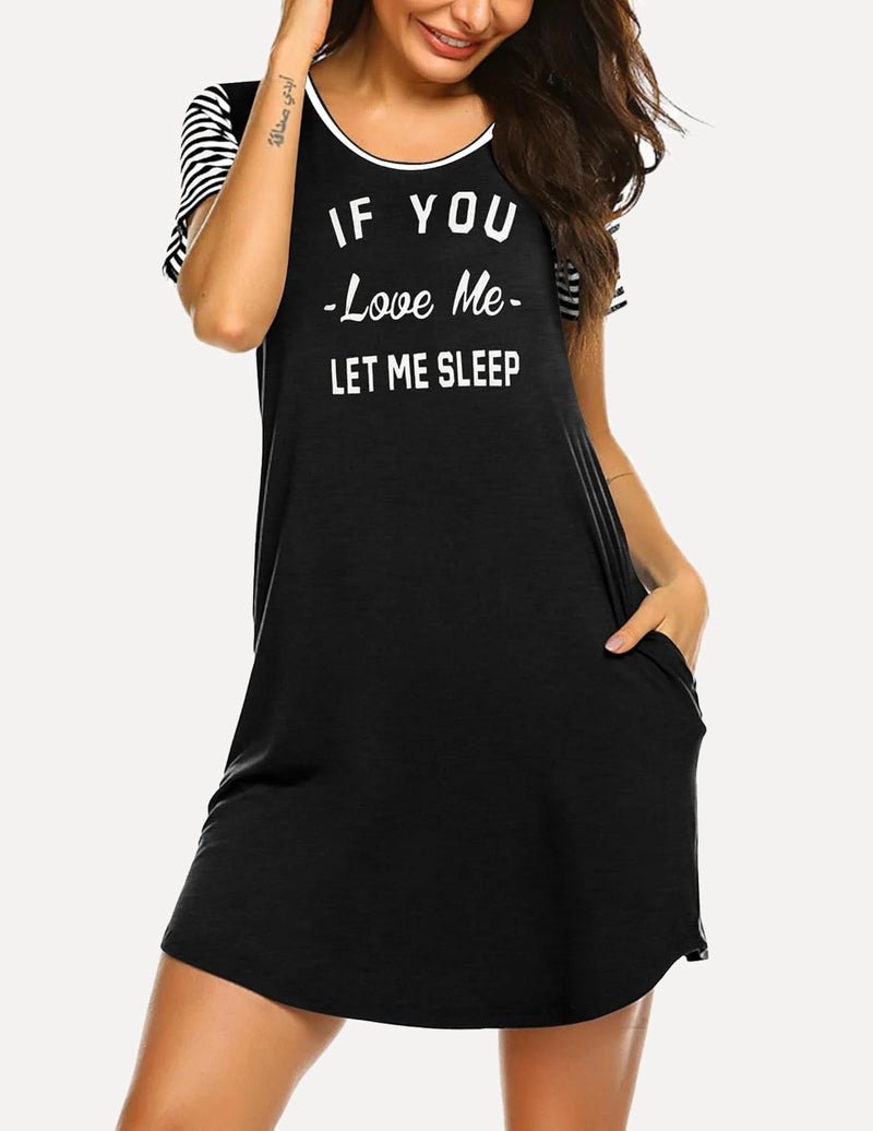 Black teddy nightshirt with striped sleeves, slogan “Love Me Let Me Sleep”, side pocket