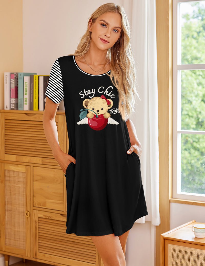 Teddy nightshirt in black with striped sleeves, “Stay Chic” teddy graphic, side pockets