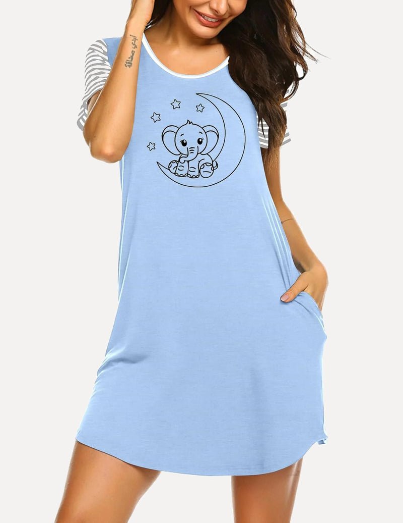 Light blue teddy nightshirt with striped sleeves, moon-and-elephants line graphic, pocket