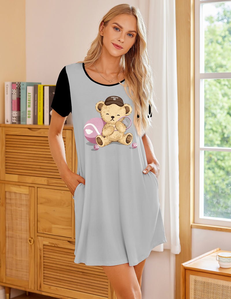 Light grey nightshirt with teddy bear graphic, short sleeves, side pockets.