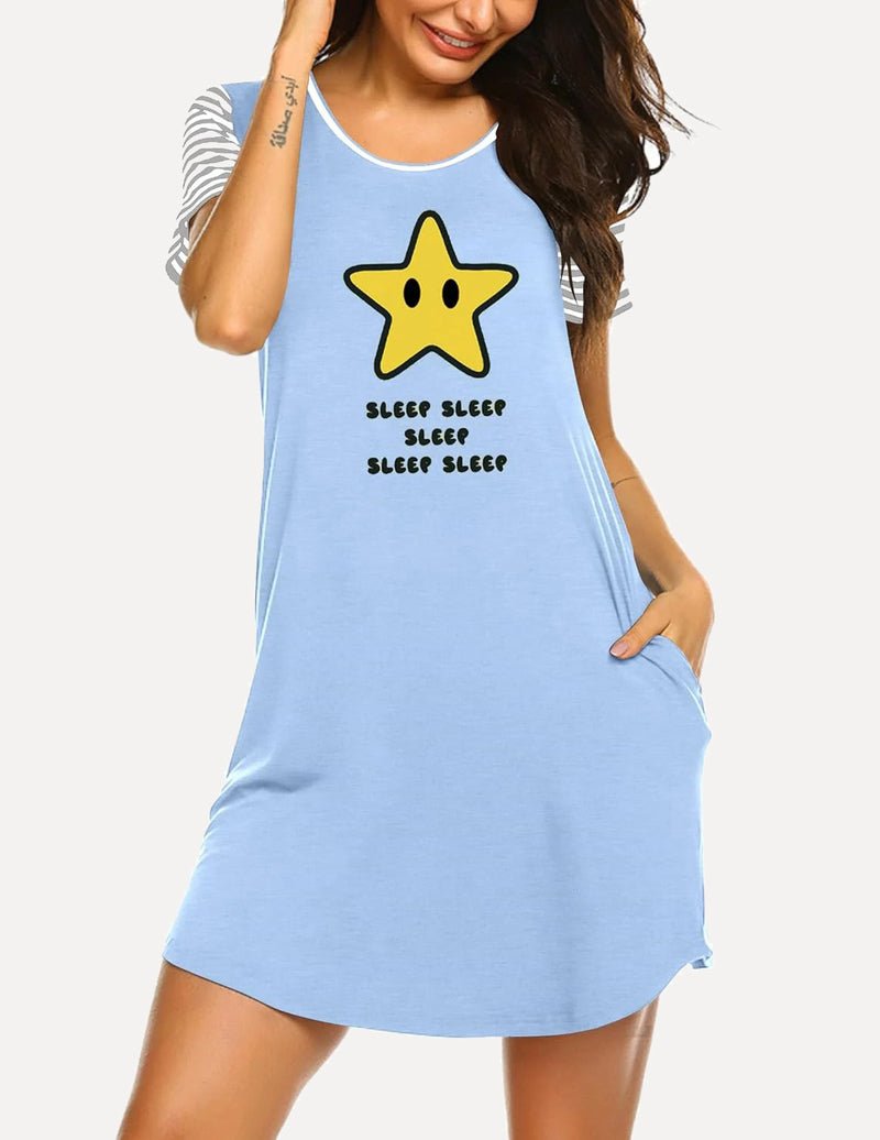 Light blue nightshirt with star graphic and “SLEEP” text, short sleeves, side pockets.