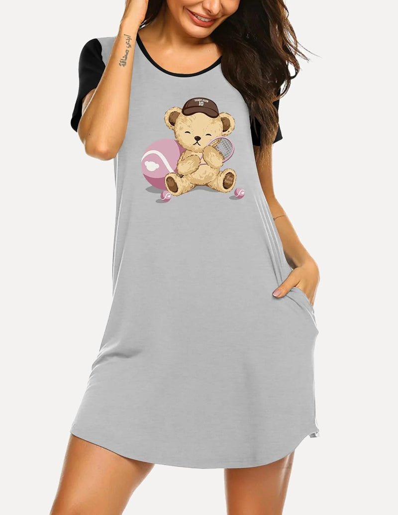 Grey teddy sleep shirt nightgown with pocket, teddy holding heart graphic