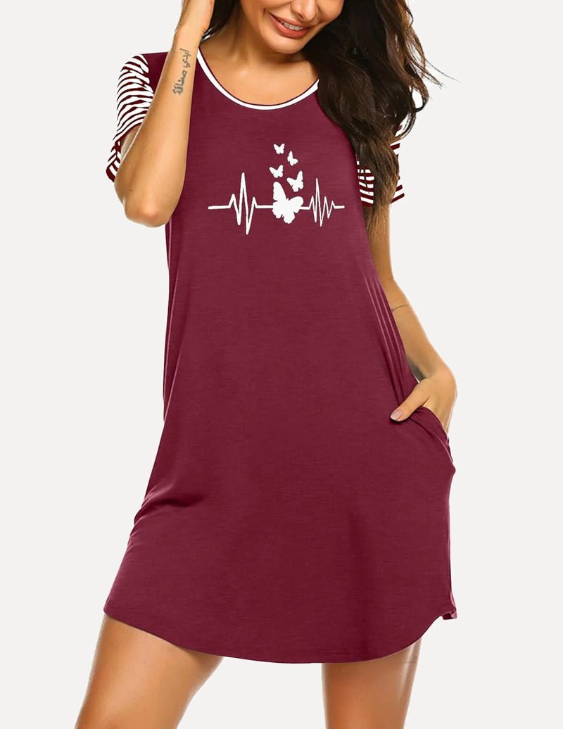 Wine-red nightshirt with butterfly heartbeat print, short sleeves, side pockets.