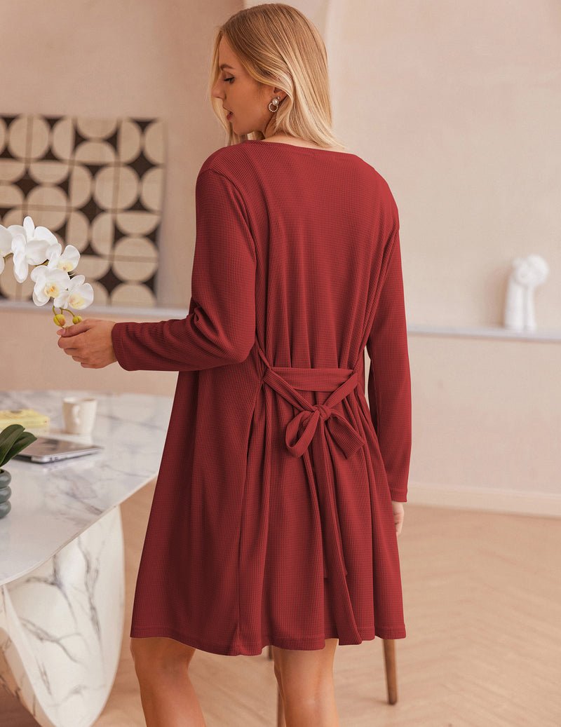 Burgundy waffle robe pajama set with tie back and matching shorts
