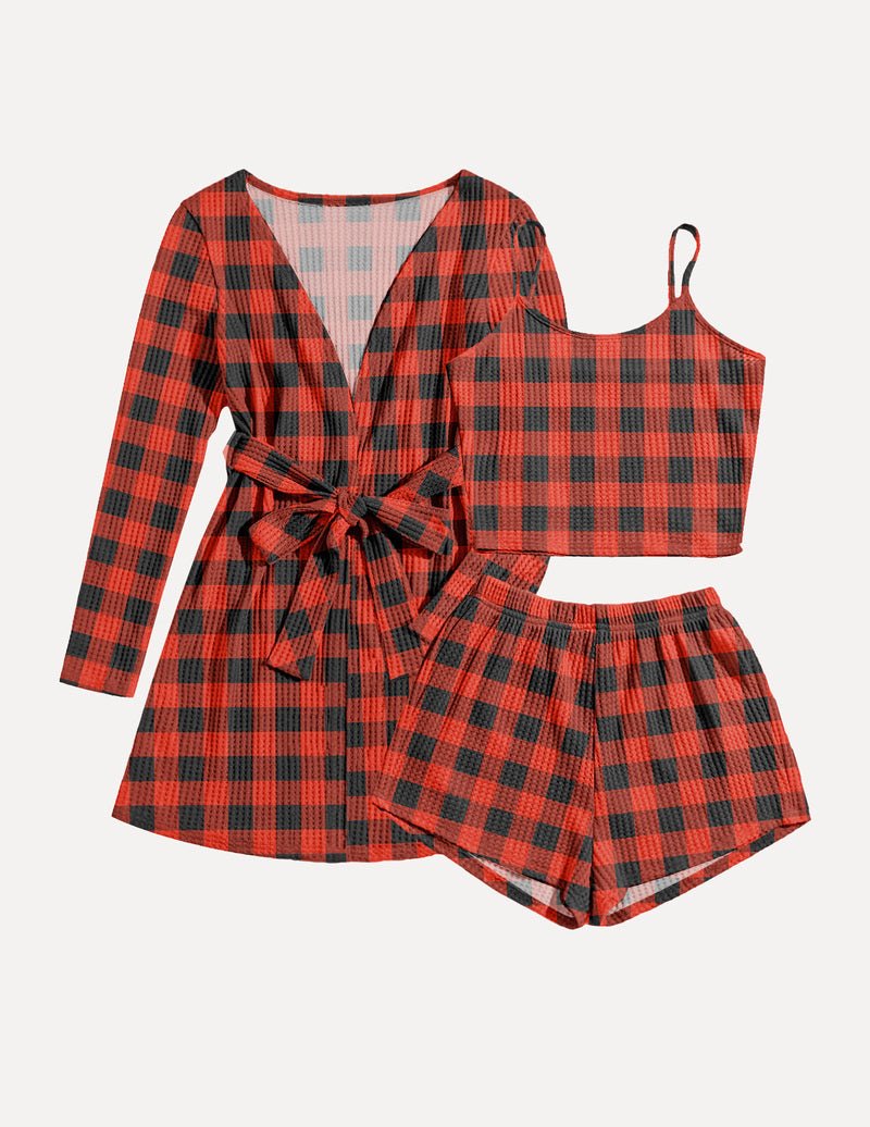 Red and black plaid waffle pajama set: long-sleeve robe, camisole, and shorts