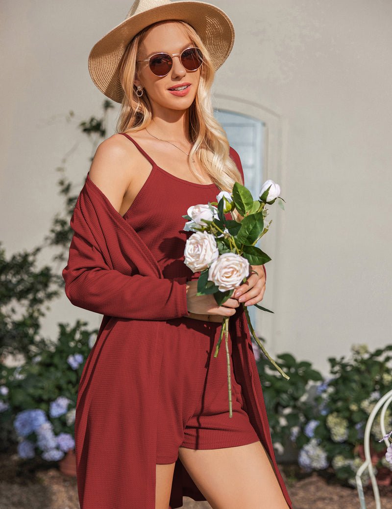 Burgundy waffle 3-piece pajama set: camisole, shorts, and draped robe sleeves
