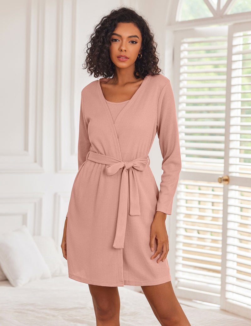 Light pink waffle robe pajama set with tie waist and matching shorts (3-piece)