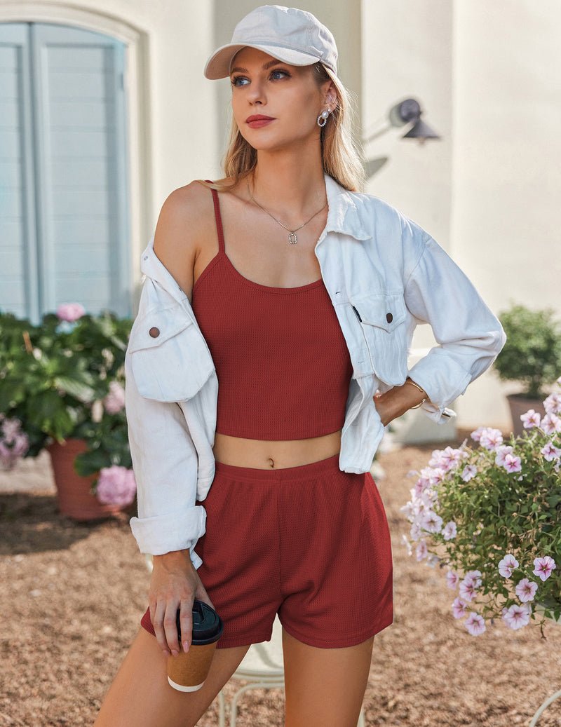 Burgundy waffle camisole and matching shorts, shown with an open light jacket