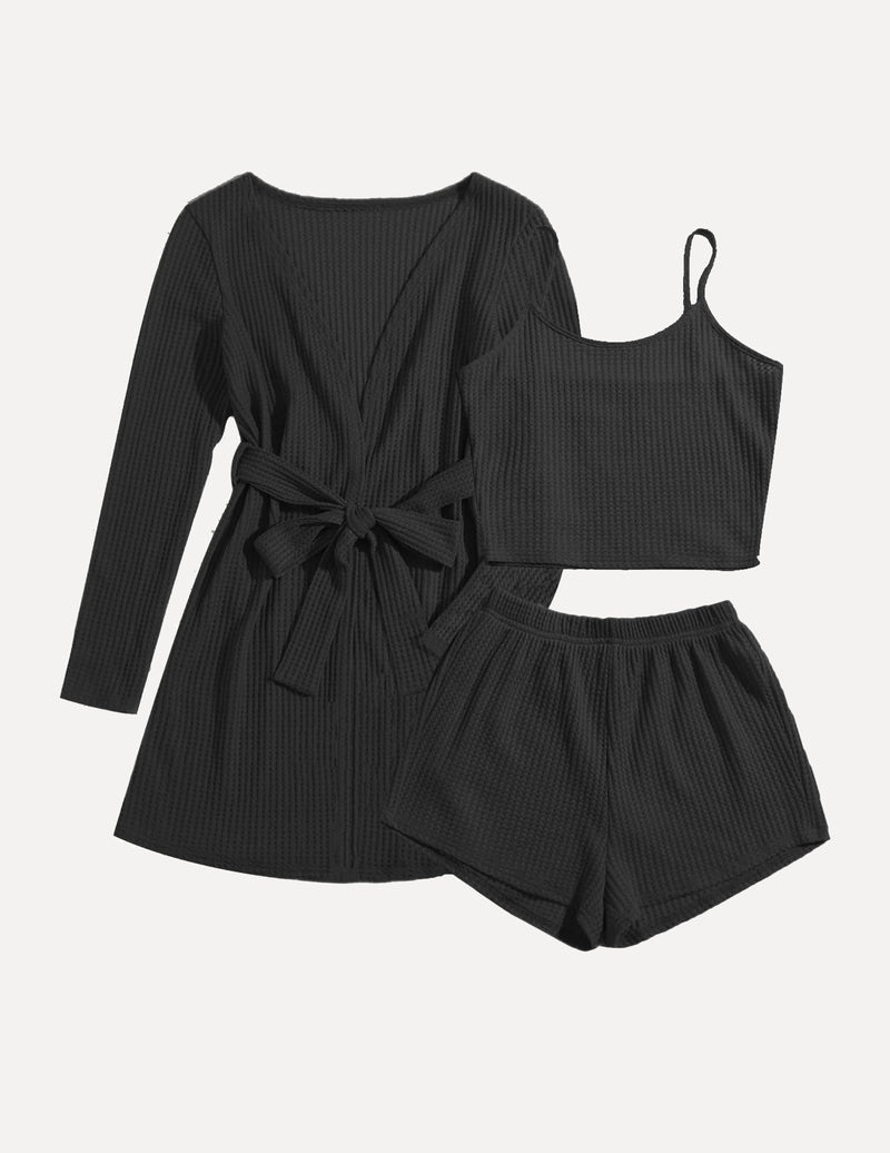 Schwarzes 3-teiliges Schlafset: Gürtelrobe, Trägerhemd, Shorts