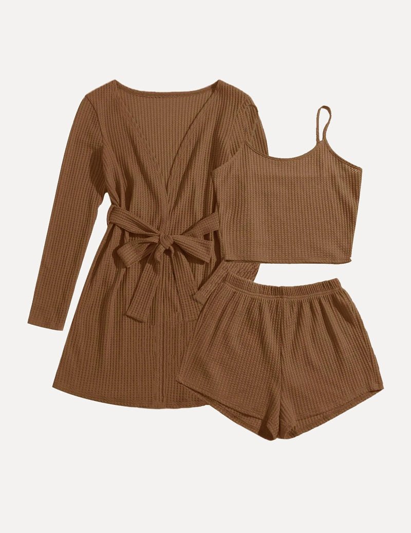 Teddy Soft waffle pajama set: brown long-sleeve dress, cami crop top & short set