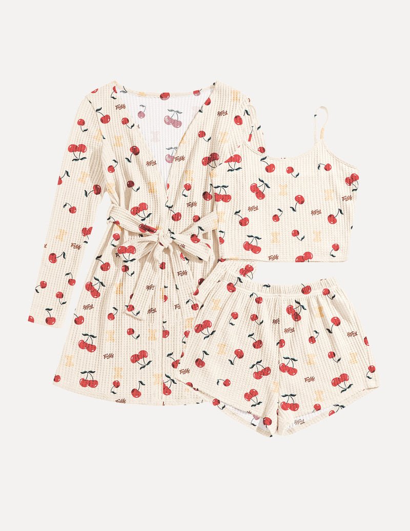Kirschenprint 3-teiliges Schlafset: Gürtelrobe, Trägerhemd, Shorts