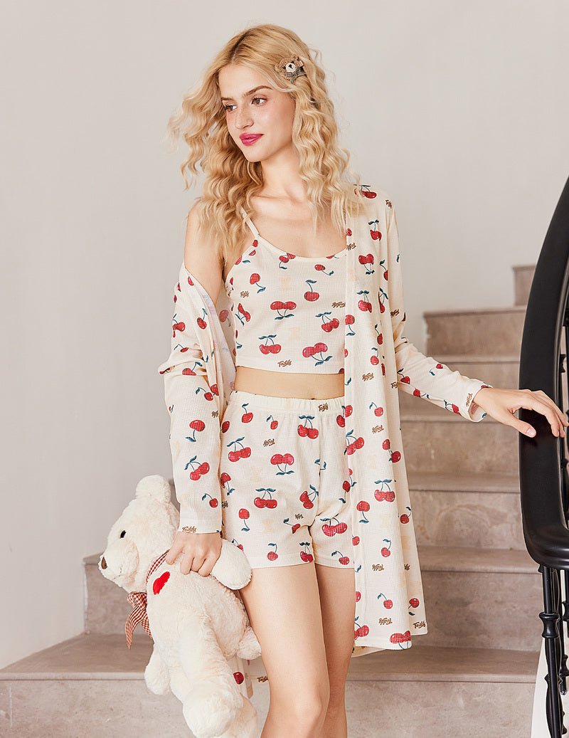 Kirschenprint Schlafset: Trägerhemd und Shorts mit langem Robe-Überwurf, offen