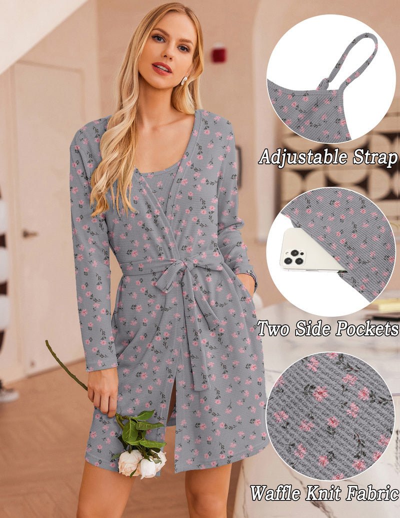 Gray pajama set with pink micro-floral print: long-sleeve dress, crop cami & shorts
